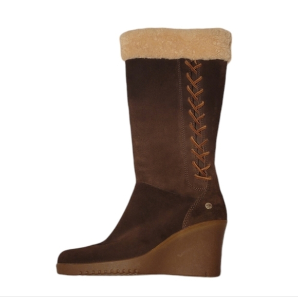 Ugg 'Felicity' Tall Wedge Suede Boots Sherling Cuff Sherpa Lined Women's Size 6 - Picture 1 of 9